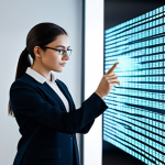 A professional legal expert, gender-neutral, in a modest business suit, intently examining holographic projections of digital property deeds and abstract blockchain data. The scene is set in a modern, well-lit law office, subtly blending physical office elements with shimmering digital interfaces, symbolizing the intersection of real and virtual law. The ambiance is serious and focused, with clean lines and a high-tech feel. High-resolution, professional photography, realistic rendering, sharp focus, vibrant colors, clear composition. fully clothed, modest clothing, appropriate attire, professional dress, perfect anatomy, correct proportions, natural pose, well-formed hands, proper finger count, natural body proportions, safe for work, appropriate content, family-friendly.
